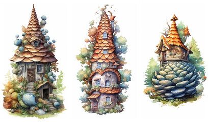 Watercolour fantasy forest cone houses. Greeting cards and envelopes artwork project set 2.