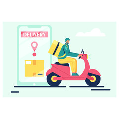 Courier in helmet rides motorcycle and delivers parcel via online app illustration