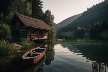 Fototapeta premium Peaceful and calming lakeside retreat featuring a wooden house surrounded by the still waters of a lake. Ai generated