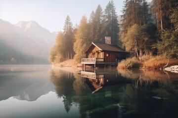 Naklejka premium Peaceful and calming lakeside retreat featuring a wooden house surrounded by the still waters of a lake. Ai generated