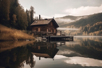 Fototapeta premium Peaceful and calming lakeside retreat featuring a wooden house surrounded by the still waters of a lake. Ai generated