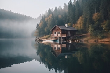 Fototapeta na wymiar Peaceful and calming lakeside retreat featuring a wooden house surrounded by the still waters of a lake. Ai generated