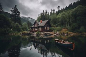 Fototapeta premium Peaceful and calming lakeside retreat featuring a wooden house surrounded by the still waters of a lake. Ai generated
