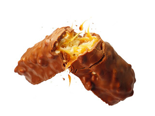 A close up of a chocolate candy bar with caramel nut filling snapping in half floating in the air...