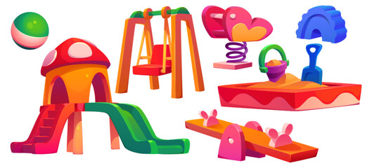 Kids playground equipment in park, kindergarten, school or home yard. Swing, slide, sandbox, seesaw, toys and ball isolated on white background, vector cartoon illustration
