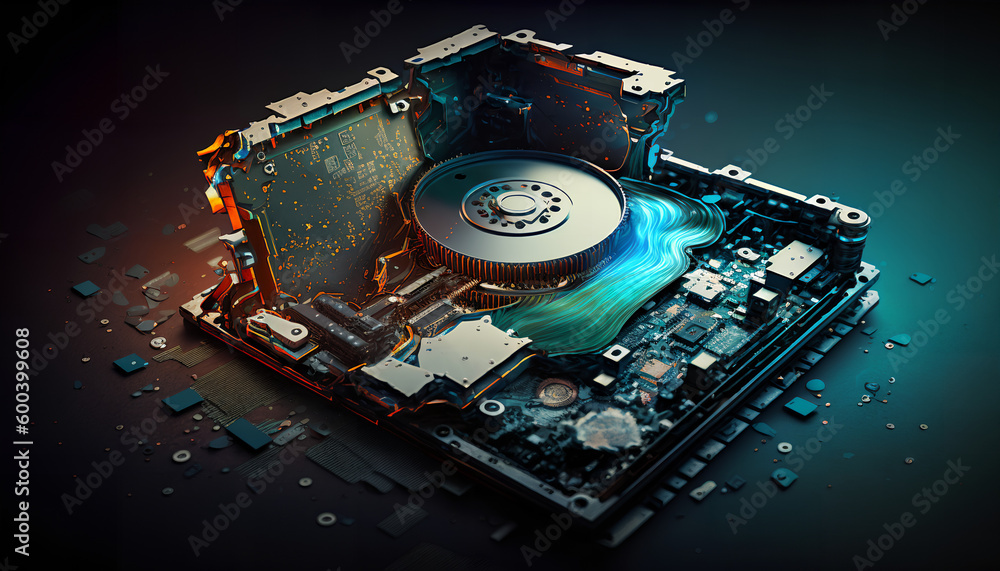 Poster the abstract image of inside of hard disk drive on the technician's desk and a computer motherboard 