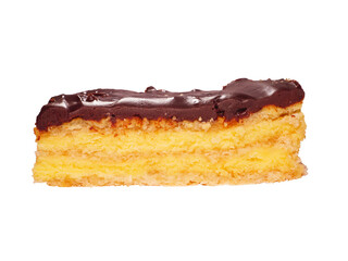 A slice of Swedish cake with fluffy inside and shiny chocolate icing topping side studio shot isolated on white background