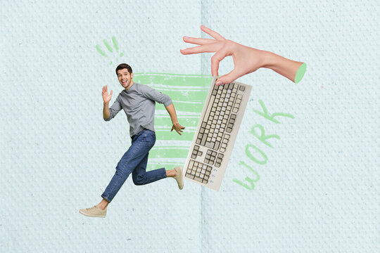 Creative collage photo of young funny employee guy running away mechanical keyboard freelance job pursuit him isolated on blue background