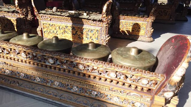 Percussion Gamelan Musical Instruments displayed, Ensemble, Asia Bali Indonesia Traditional Music Orchestra in Temple Ceremony