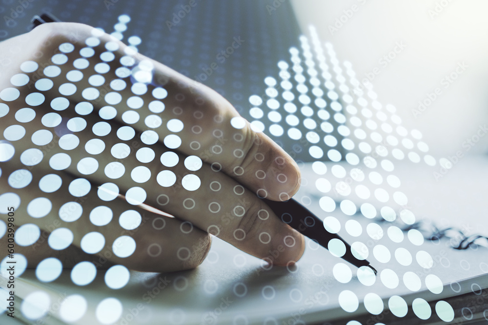 Poster double exposure of creative abstract upward arrows hologram and man hand writing in notebook on back