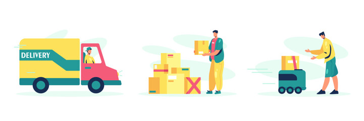 Fototapeta premium Courier goes by car, deliveryman stacks boxes, male picks up order with delivery robot vector set