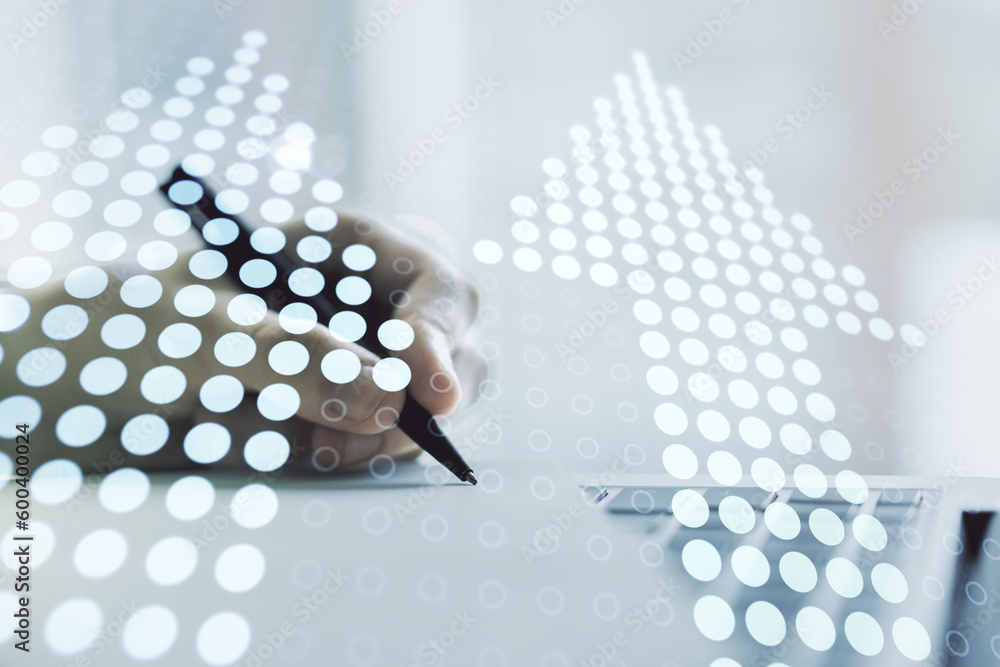 Poster double exposure of creative abstract upward arrows hologram and hand writing in notebook on backgrou