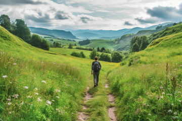 Fototapeta na wymiar Hiker walking on a green meadow trail against the backdrop of a breathtaking mountain landscape. The image conveys a sense of adventure and freedom. Ai generated