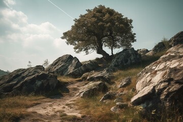 A rocky hill with a tree on its summit. Generative AI