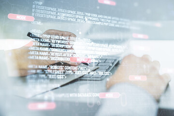 Multi exposure of abstract creative coding sketch and hand writing in notebook on background with laptop, artificial intelligence and neural networks concept