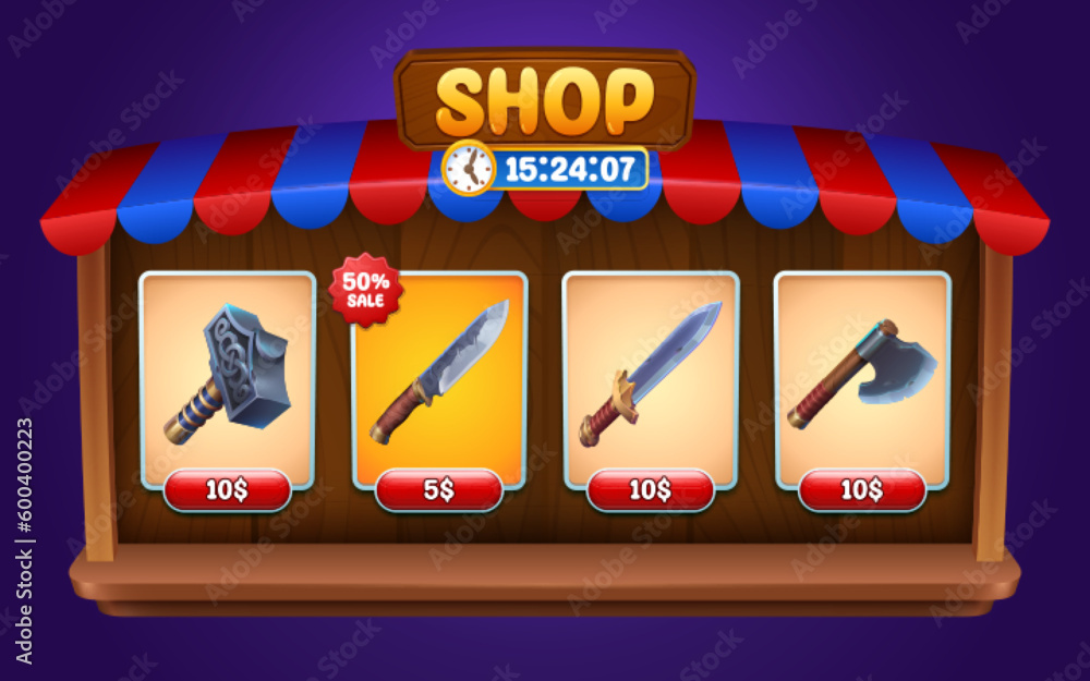 Poster ui game store frame with weapon icon and button. mobile shop interface with knife, hammer, ax and sw