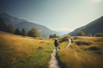 Hiker walking on a green meadow trail against the backdrop of a breathtaking mountain landscape. The image conveys a sense of adventure and freedom. Ai generated