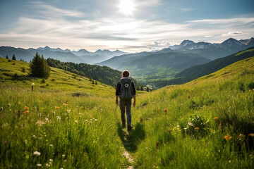 Hiker walking on a green meadow trail against the backdrop of a breathtaking mountain landscape. The image conveys a sense of adventure and freedom. Ai generated