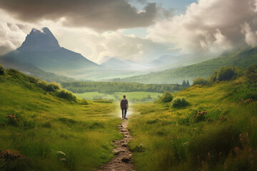 Hiker walking on a green meadow trail against the backdrop of a breathtaking mountain landscape. The image conveys a sense of adventure and freedom. Ai generated