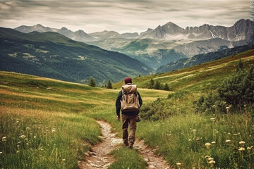 Hiker walking on a green meadow trail against the backdrop of a breathtaking mountain landscape. The image conveys a sense of adventure and freedom. Ai generated
