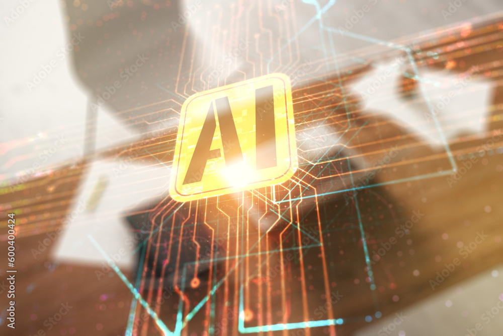 Poster double exposure of creative artificial intelligence icon and modern desktop with laptop on backgroun