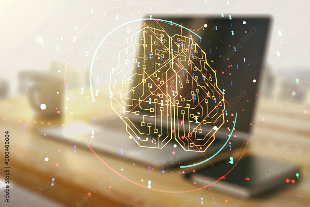 Poster double exposure of creative artificial intelligence symbol and modern desktop with laptop on backgro
