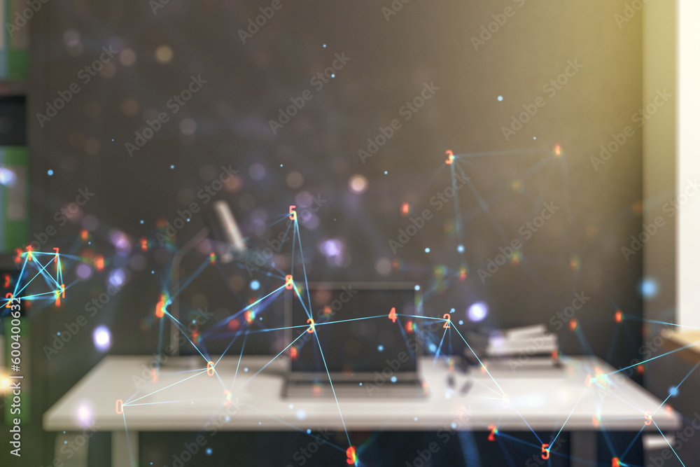 Poster Double exposure of technology hologram and modern desktop with laptop on background. Research and development software concept