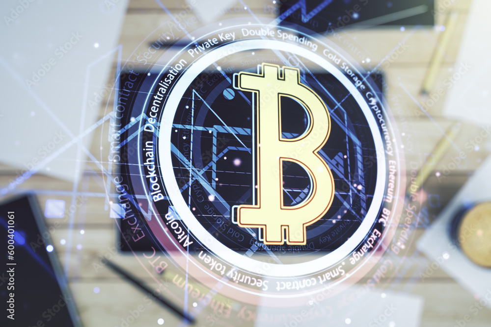 Poster Double exposure of creative Bitcoin symbol hologram and modern digital tablet on background. Mining and blockchain concept