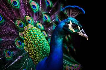 Obraz premium A detailed illustration of a peacock's head and its vibrant, colorful feathers in full display. Ai generated
