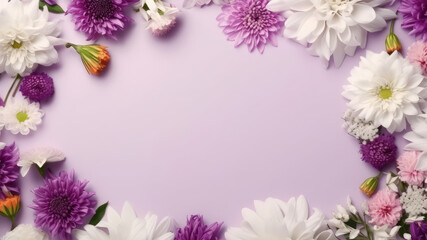 White purple pink spring flowers and leaf Border surrounding on a purple rustic Wooden Tabletop, Highlighting the Soft and Selective Elements of Flower Border Art. Generative ai