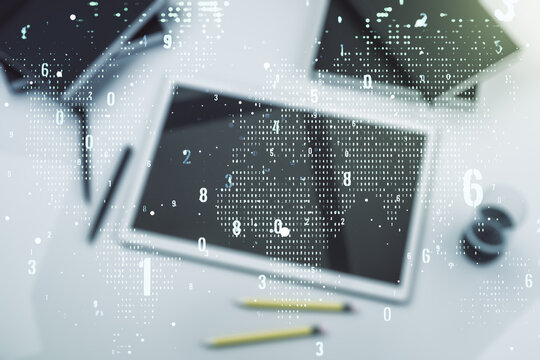 Abstract creative coding concept with world map and modern digital tablet on background, top view. Multiexposure