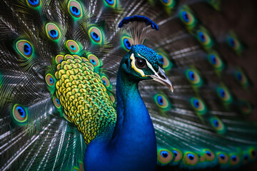 Fototapeta na wymiar A detailed illustration of a peacock's head and its vibrant, colorful feathers in full display. Ai generated