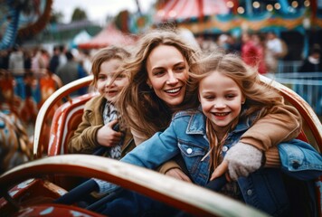 
Mother and her children on an amusement park ride, enjoying bonding, togetherness, excitement, lifestyle, and joy, generative ai