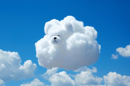 Cloud in the shape of an adorable puppy face against a clear blue sky. The image evokes a sense of playfulness and joy, as if the sky itself is smiling down on us. Ai generated