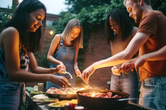 Group of millennial friends enjoying a candid summer barbecue, grilling and socializing, capturing leisure and togetherness, generative ai