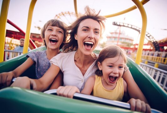 Mother And Two Children Riding A Rollercoaster At An Amusement Park Or State Fair, Experiencing Excitement, Joy, Laughter, And Summer Fun, Generative Ai