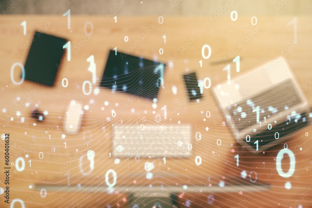Poster creative abstract binary code hologram on modern computer background, ai and machine learning concep