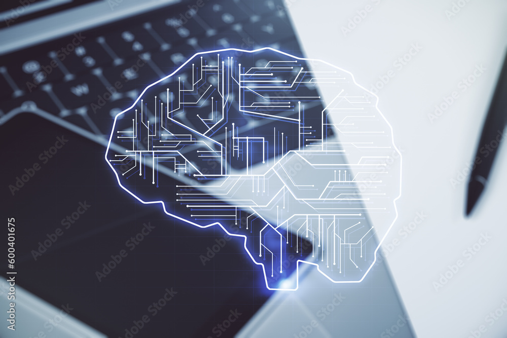 Aufkleber Double exposure of creative artificial Intelligence symbol with modern laptop on background. Neural networks and machine learning concept