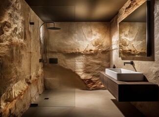 Luxurious Nature-Inspired Bathroom with Natural Light and Stunning Rock Walls..