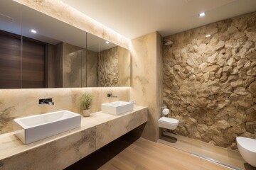 Fototapeta premium Luxurious Nature-Inspired Bathroom with Natural Light and Stunning Rock Walls..