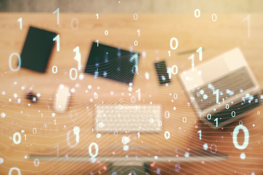 Creative abstract binary code hologram on modern computer background, AI and machine learning concept. Multiexposure