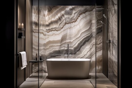 Designer Bathroom with Natural Light, Rock Walls, and a Tranquil Atmosphere..