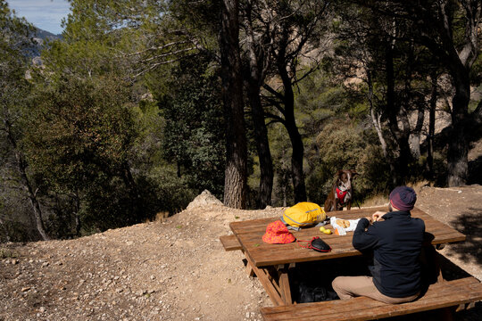 man with dog eating some sausage on a picnic table, dressed as a mountaineer with a headscarf, yellow backpack and flower cap on the table