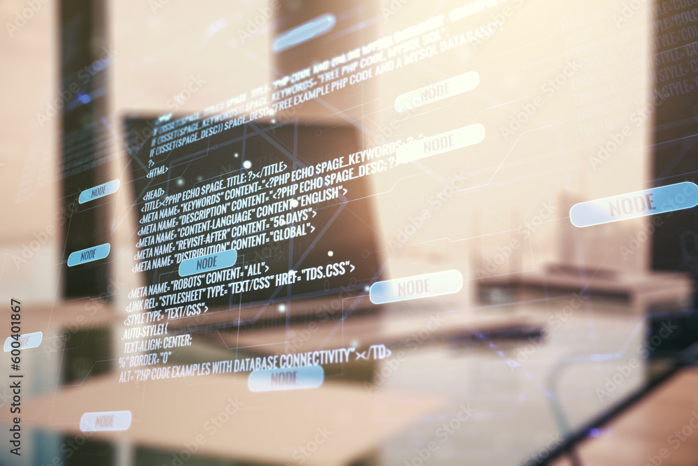 Aufkleber multi exposure of abstract software development hologram on laptop background, research and analytic