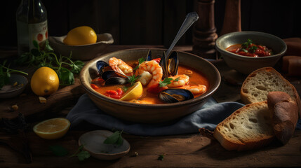 Bouillabaisse - French fish stew with tomatoes, garlic, and saffron. Generative AI Art Illustration