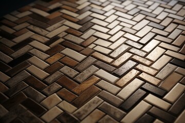 Natural stone mosaic tiles styled in herringbone pattern to create 3D brick wall with semigloss polish. 3D Render. Generative AI