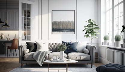 A sofa, light, and white walls make for a bright and cozy modern living room
