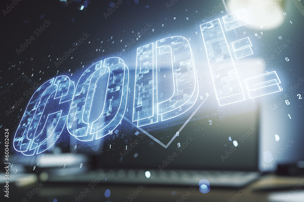 Poster creative code word sign on modern computer background, international software development concept. m