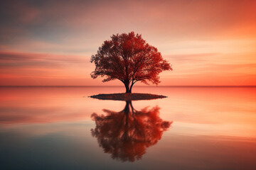 Tree standing in the water during a breathtaking sunset, with its reflection creating a sense of calm and tranquility. Ai generated