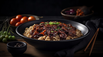 jajangmyeon - Korean noodles in black bean sauce with vegetables and meat. Generative AI Art Illustration